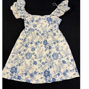 Mi Ami Francescas Blue Ivory Floral Toile Linen Tie Back Ruffle Mini Dress L NEW